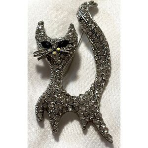 Vintage Silver Tone and Clear Rhinestones Black Eye 3 Inch Sassy Cat Brooch Pin